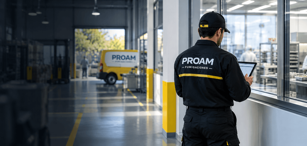 Vehículo de PROAM Fumigaciones frente a una planta industrial